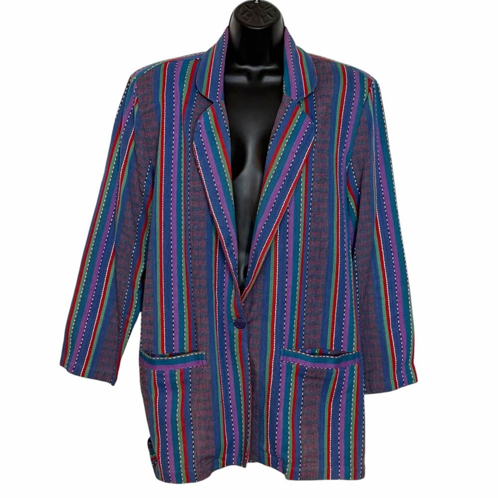 Vtg 90s Angelique Imp NYC Woven Stripe Blazer Jacket Boho Artsy Festival Small